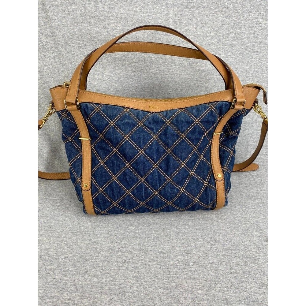 ❤️-Ralph Lauren Purse Womens Blue Denim Quilted Jean Leather Bag Handbag